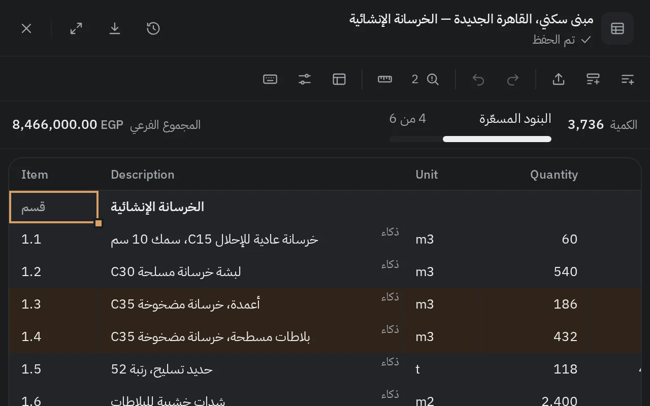 The same bill of quantities in Arabic, right to left, with Latin digits for quantities and rates
