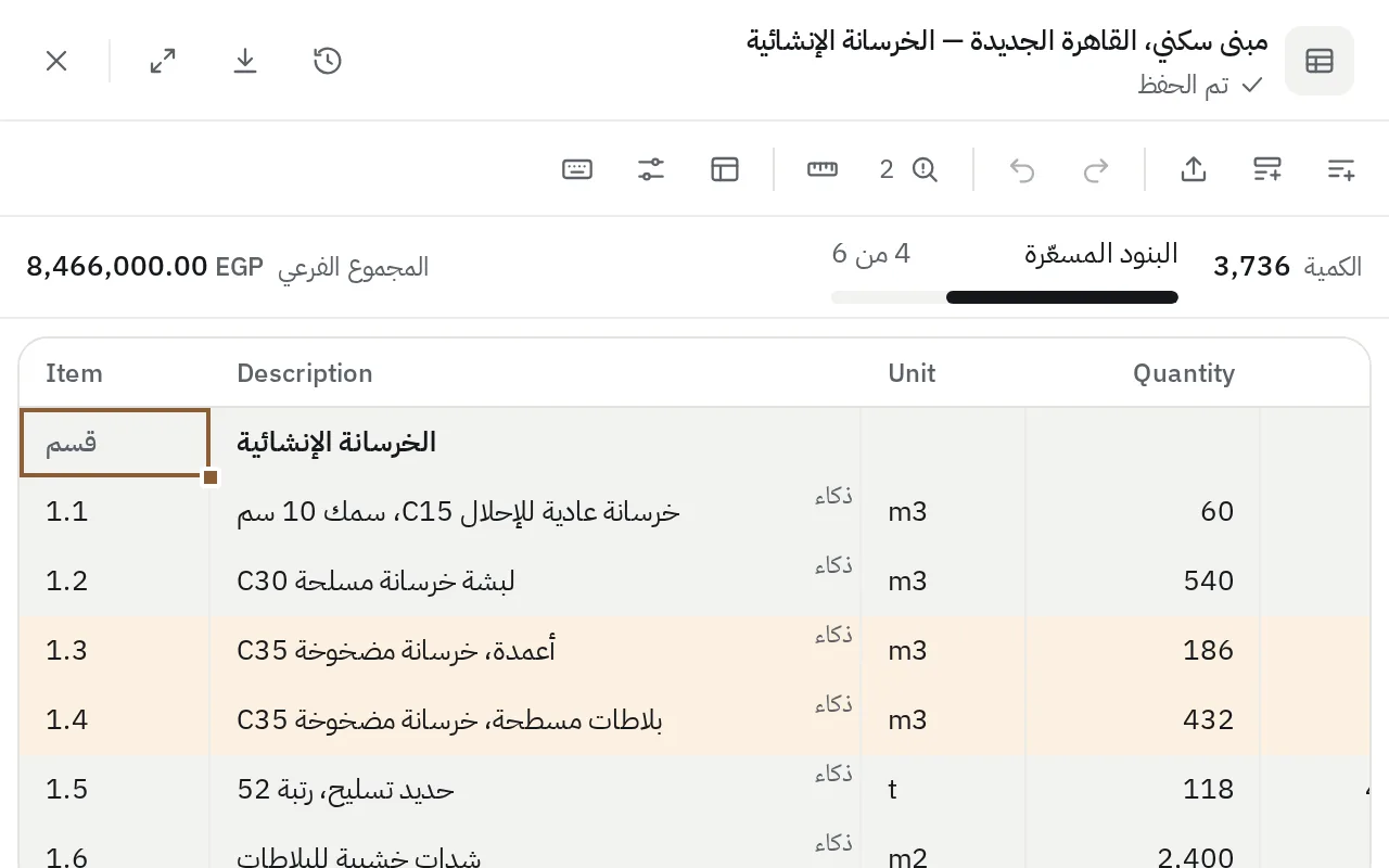 The same bill of quantities in Arabic, right to left, with Latin digits for quantities and rates