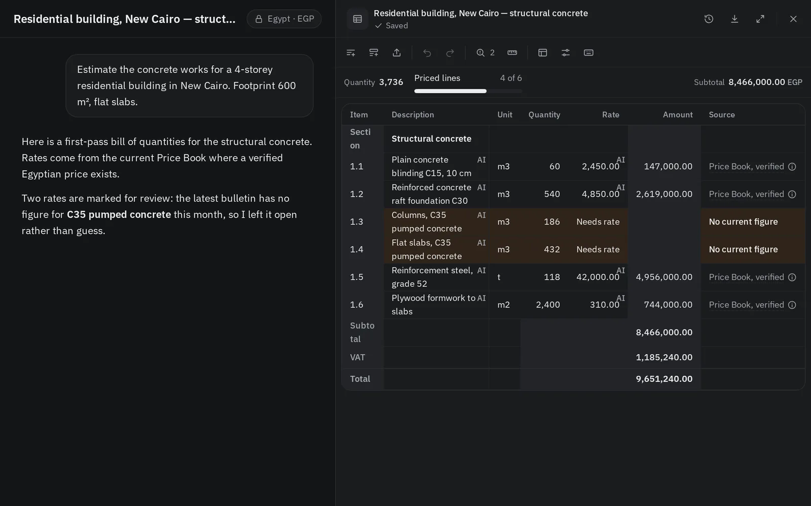 A chat estimating concrete works, with a bill of quantities open beside it; two rates are marked for review