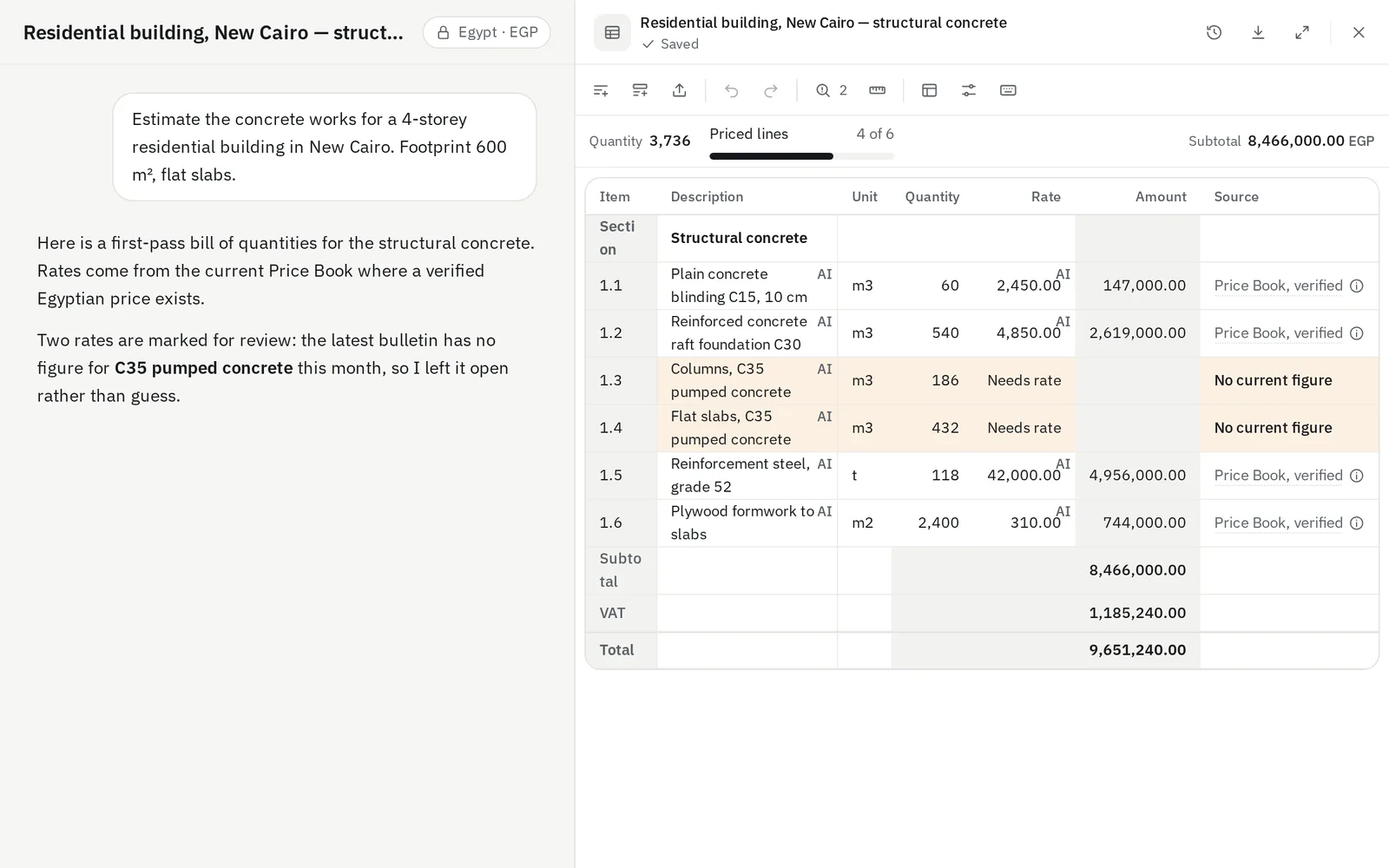 A chat estimating concrete works, with a bill of quantities open beside it; two rates are marked for review
